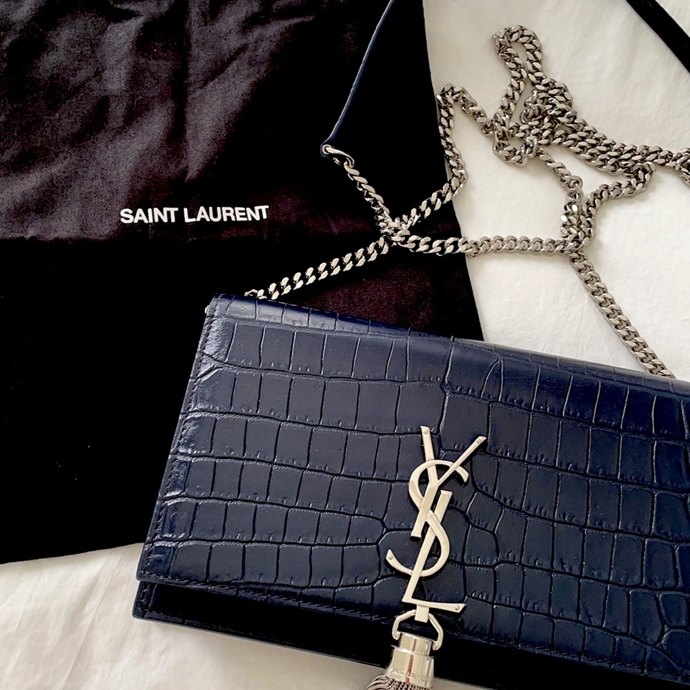 YSL Kate Croc Embossed Leather Tassel Shoulder Bag